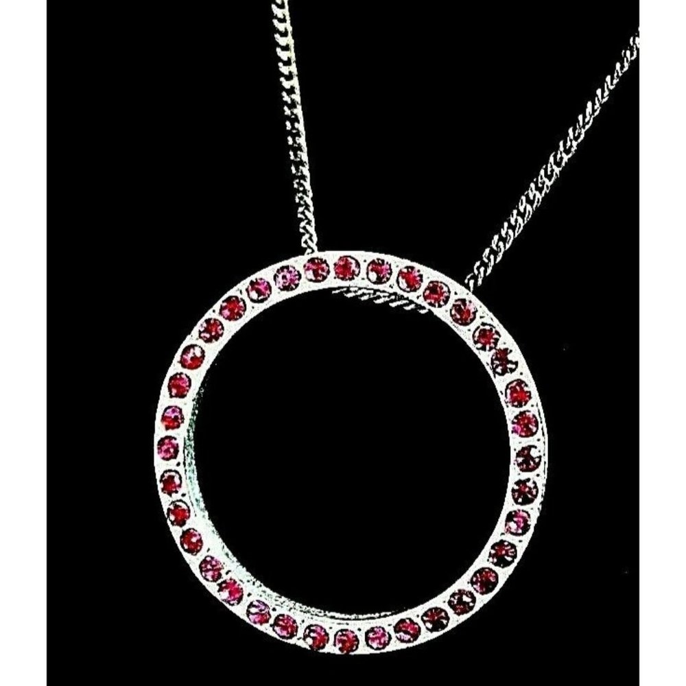Pink Silver Rhinestone Pendant Necklace Circle Chain Fashion Costume Jewelry